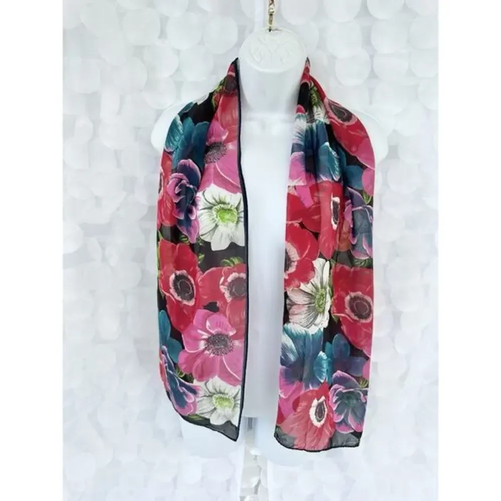 Vintage Anne Klein 100% Silk Scarf JAPAN Floral ANEMONE Red Pink Blue Elegant